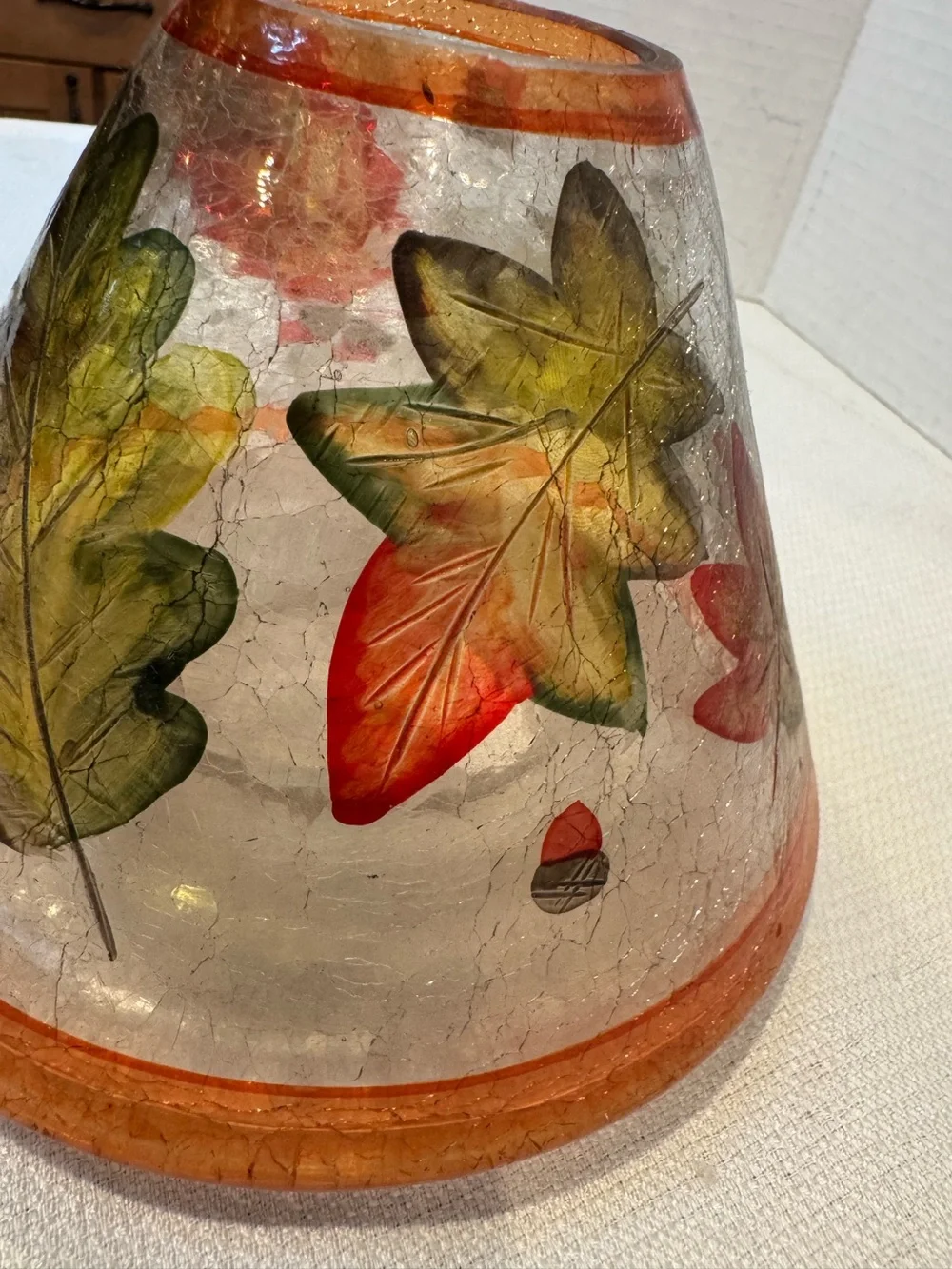 Vintage Yankee Candle Crackle Glass Candle Lamp Shade Fall Autumn Leaves Acorns